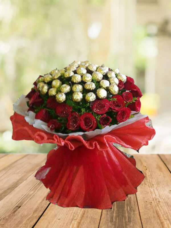 32 pc Ferraro rocher 40 red rose hand bouquet